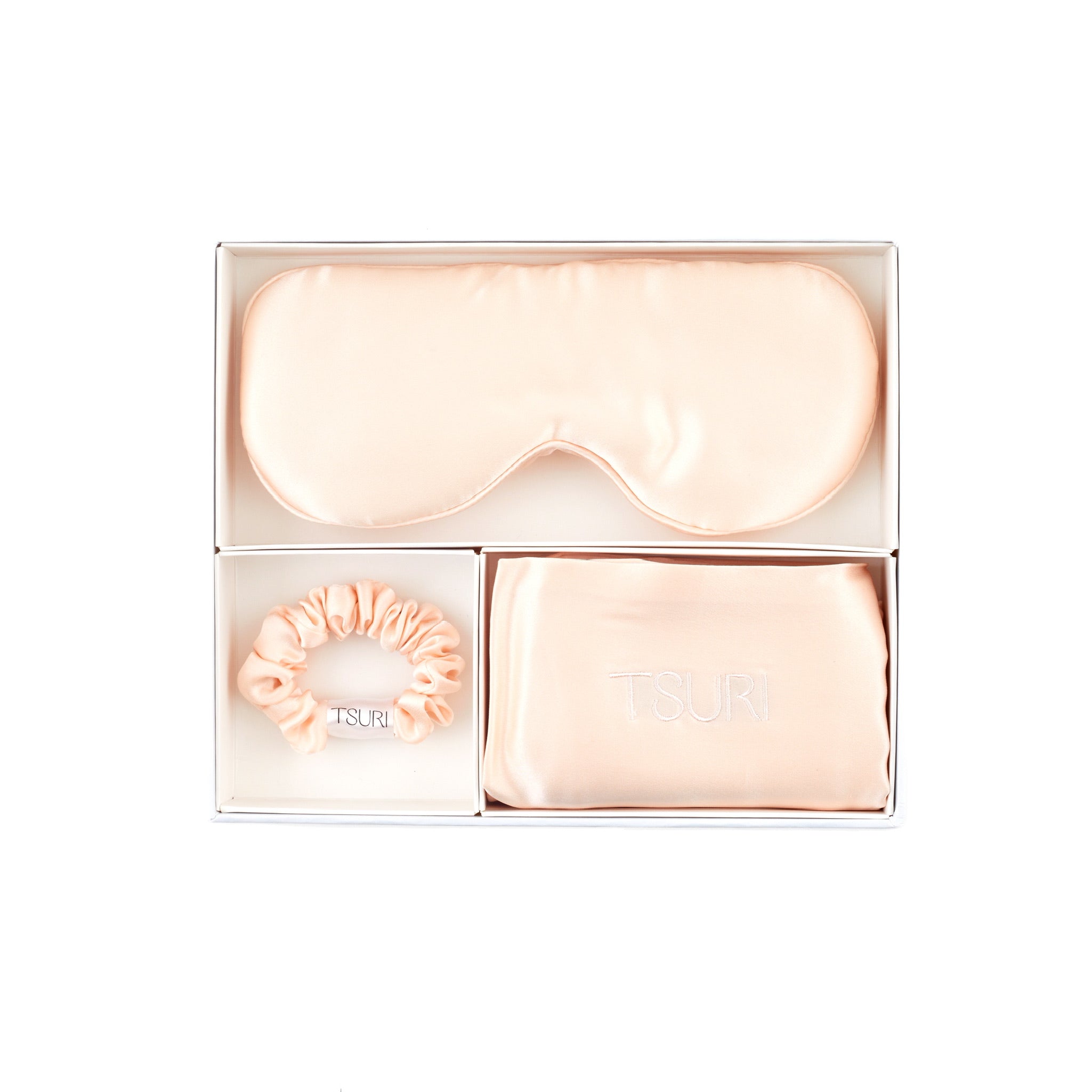 Mulberry Silk Sleep Set with pillowcase, sleep mask, and scrunchie in pink - hypoallergenic, wrinkle-reducing, moisture-retaining.