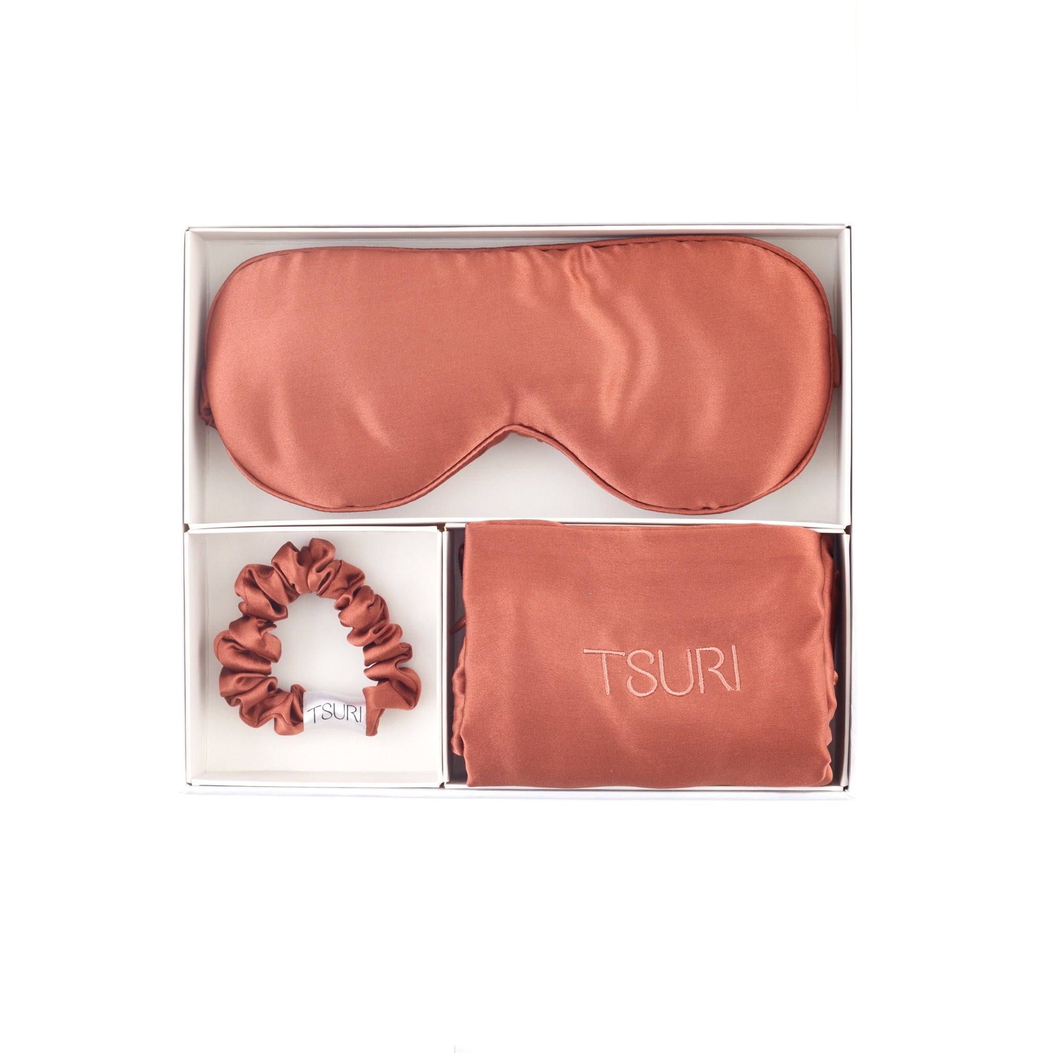 Mulberry Silk Sleep Set in box featuring silk pillowcase, sleep mask, and scrunchie for luxurious, skin-loving rest