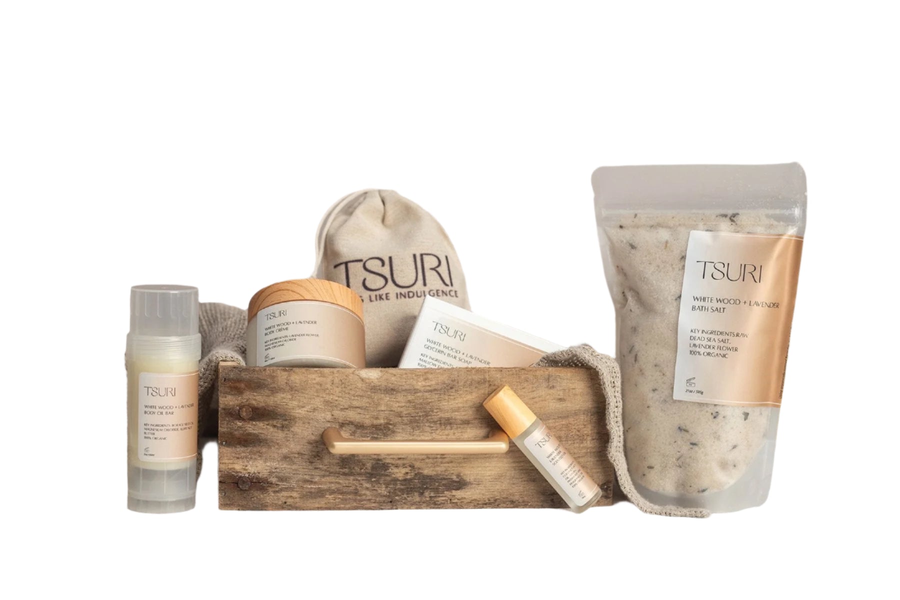 Indulge Gift Basket by Tsuri featuring bath salts, oils, crème, and more in a handmade caddy for a restorative bath experience.