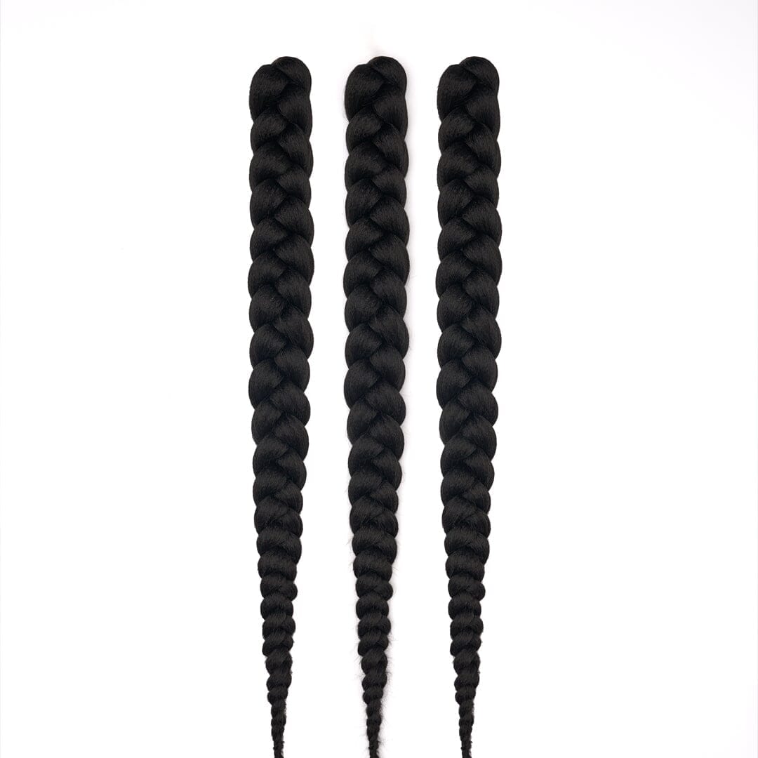 Three 28-inch hypoallergenic braiding hair bundles, pre-stretched and pre-layered, ideal for sensitive scalps, by Dosso Beauty.