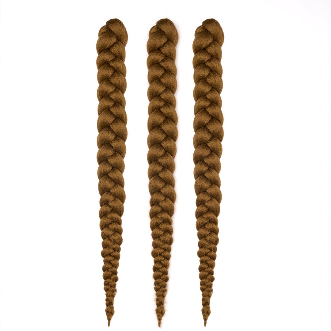 Three brown 28-inch hypoallergenic braiding hair bundles from Dosso Beauty, pre-stretched and pre-layered for easy styling.
