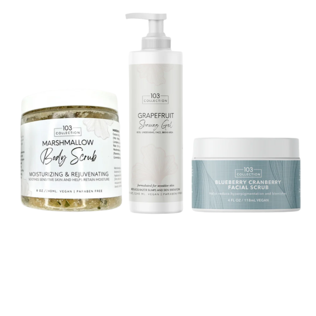 Buff & Glow Bundle featuring marshmallow body scrub, grapefruit shower gel, and blueberry cranberry facial scrub for rejuvenating skincare.