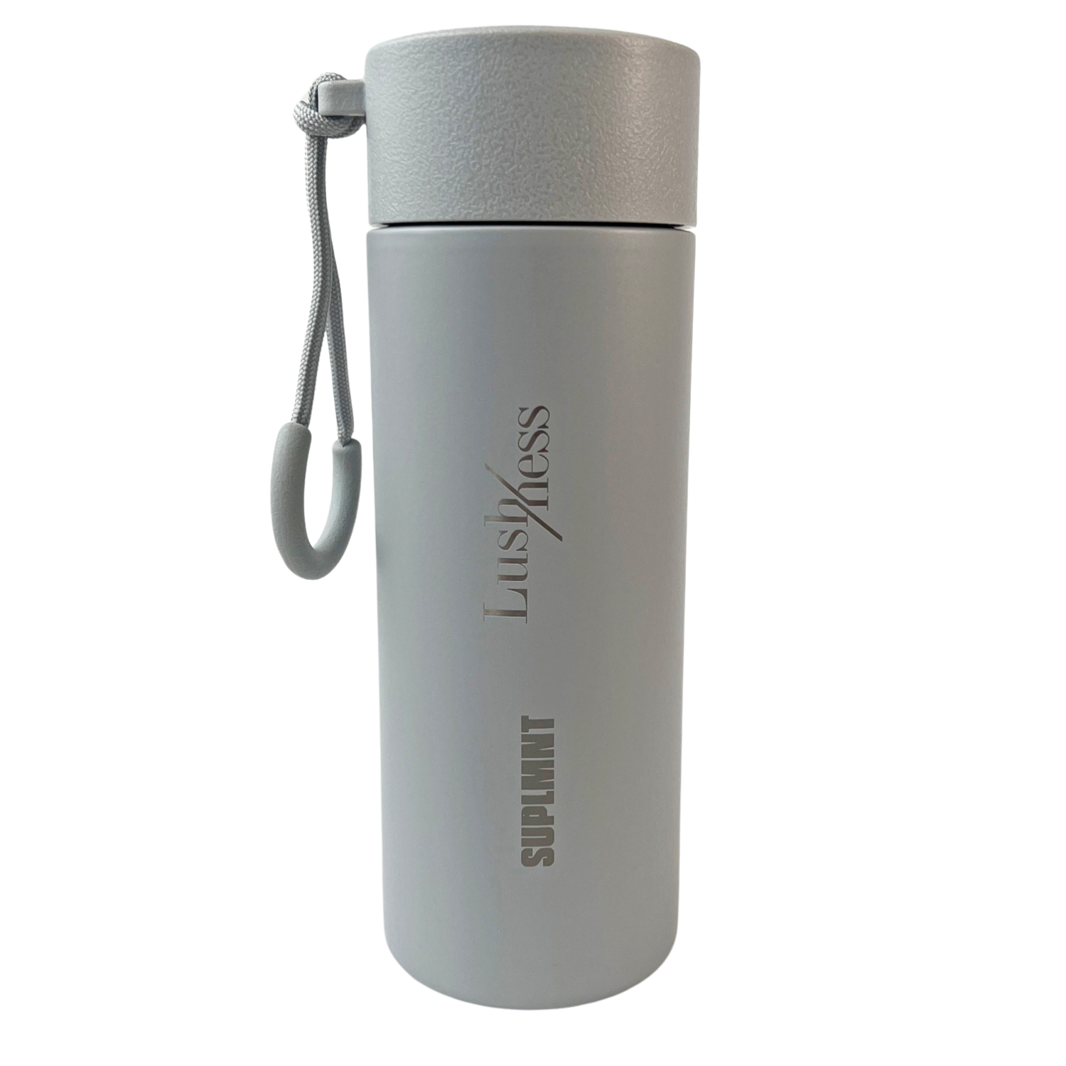 Suplmnt x Lushness Limited Edition 24 oz. Affirmation Water Bottle with lanyard, featuring 'I am unconditionally worthy' engraving.