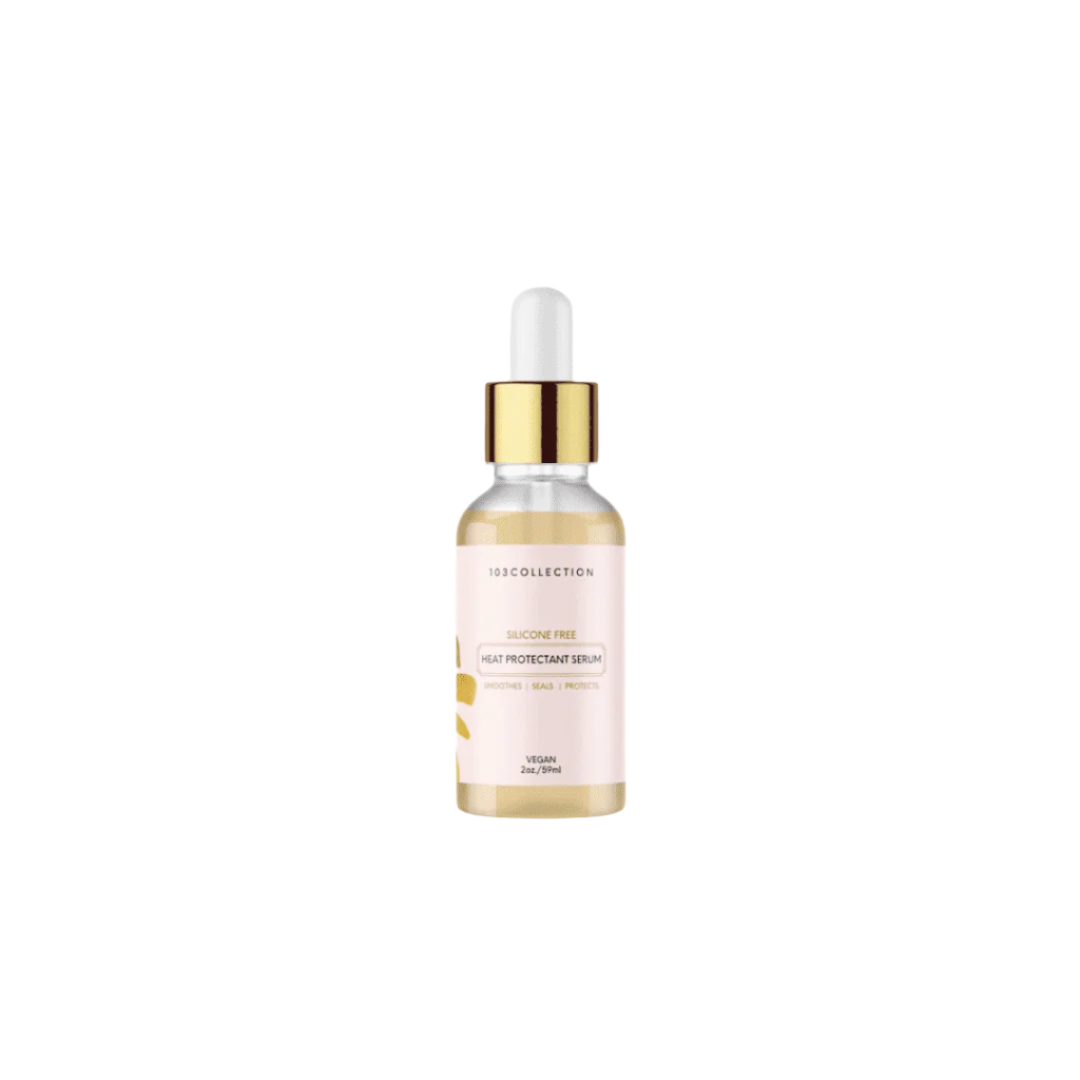 Bottle of Vegan Heat Protectant Serum for hair, cruelty-free formula, lightweight, shields against heat damage, boosts shine and softness