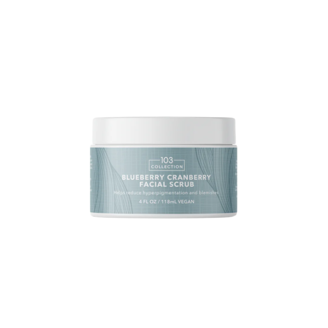 Vegan Blueberry Cranberry Facial Scrub jar, 4 fl oz, reduces hyperpigmentation and blemishes