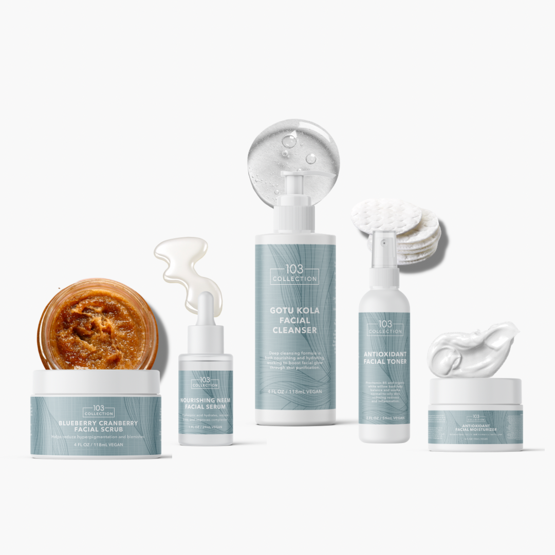 Vegan skincare collection featuring Blueberry Cranberry Facial Scrub, Gotu Kola Facial Cleanser, and Antioxidant Facial Toner by 103 Collection.
