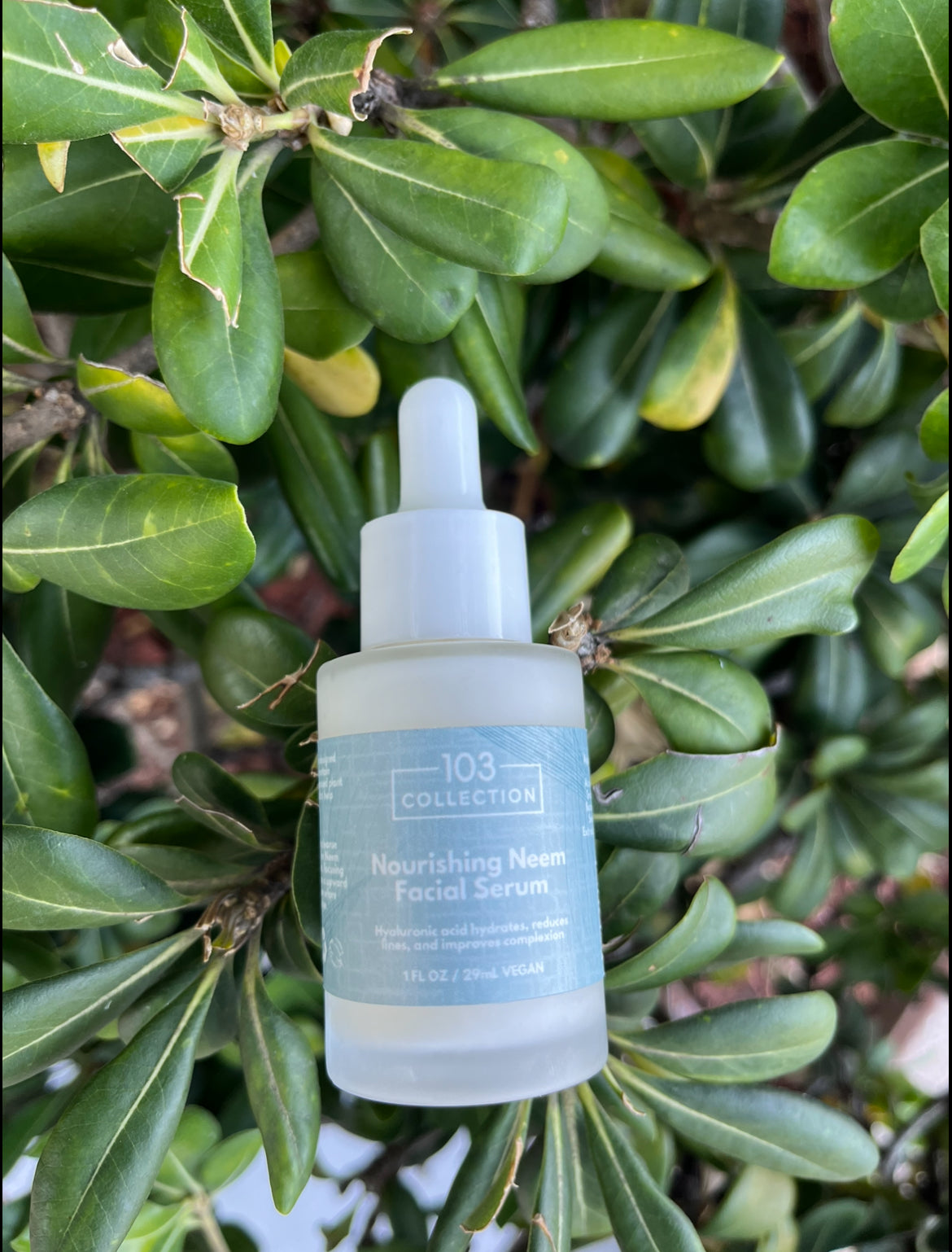 Vegan Nourishing Neem Facial Serum bottle with niacinamide and hyaluronic acid, surrounded by lush green foliage.