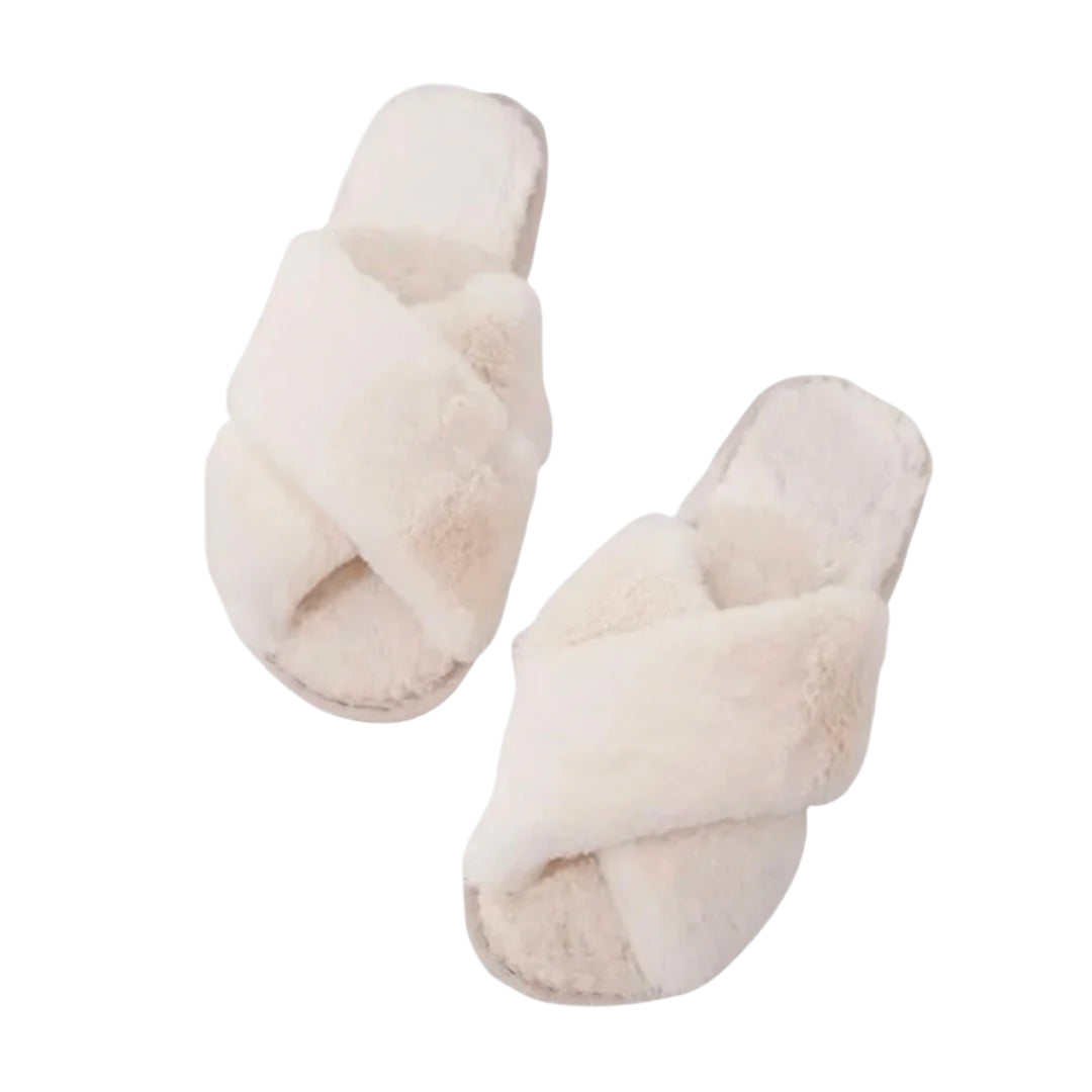 Tsuri Signature Cream Faux Fur Slippers, plush comfort, cushioned heels, sturdy soles, cruelty-free, everyday luxury, cozy support.