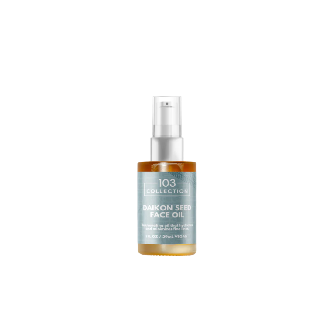 Vegan Daikon Seed Face Oil bottle, antioxidant-rich and fast-absorbing, ideal for nourishing and soothing sensitive skin types.