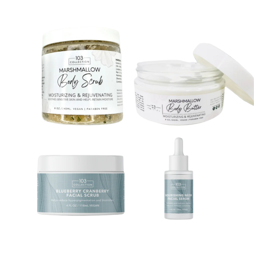 Reset Bundle with marshmallow body scrub, body butter, blueberry cranberry facial scrub, and nourishing relief facial serum for sensitive skin.