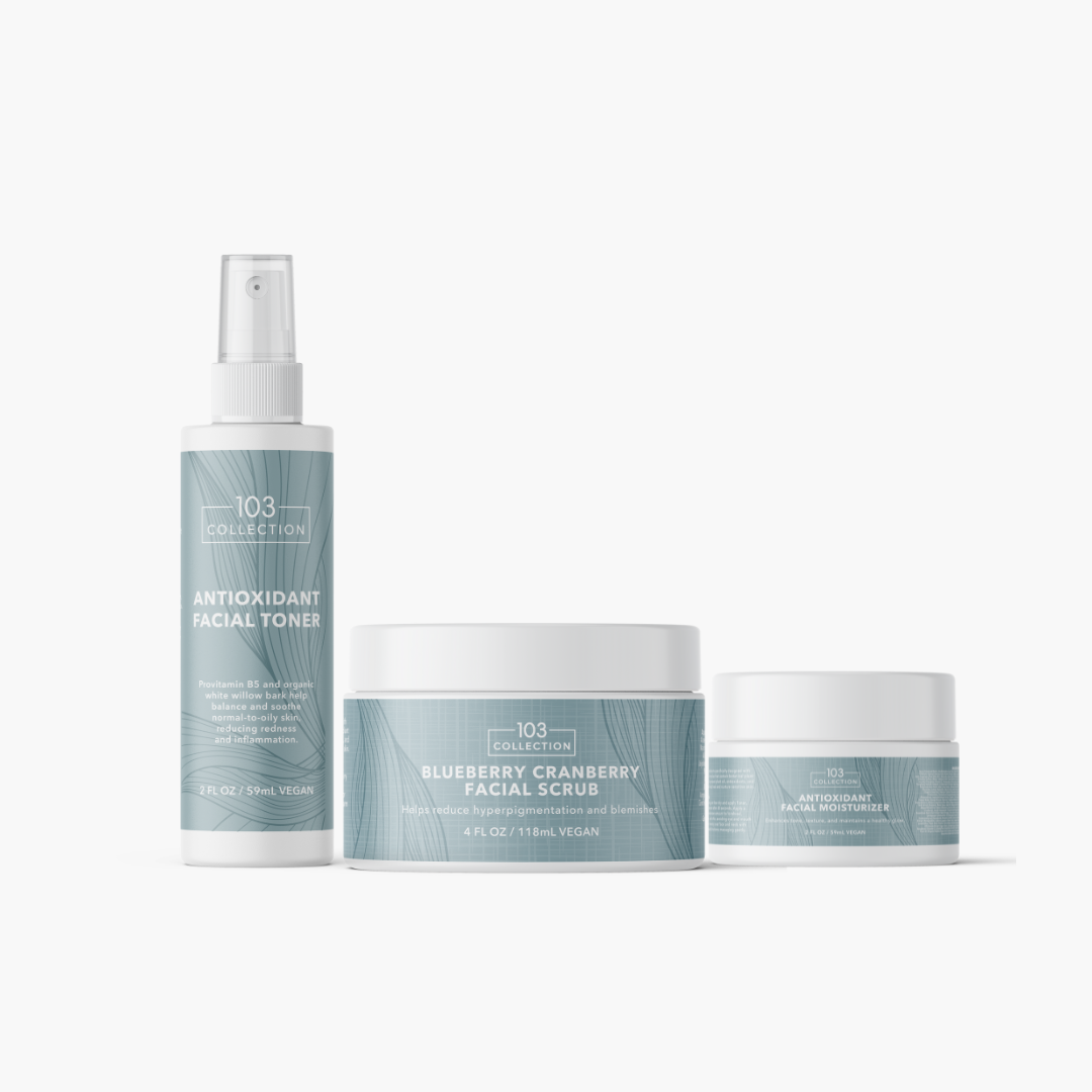 Vegan Antioxidant Skin Care Bundle with Facial Toner, Blueberry Cranberry Scrub, and Moisturizer for Sensitive Skin, 3-piece set.