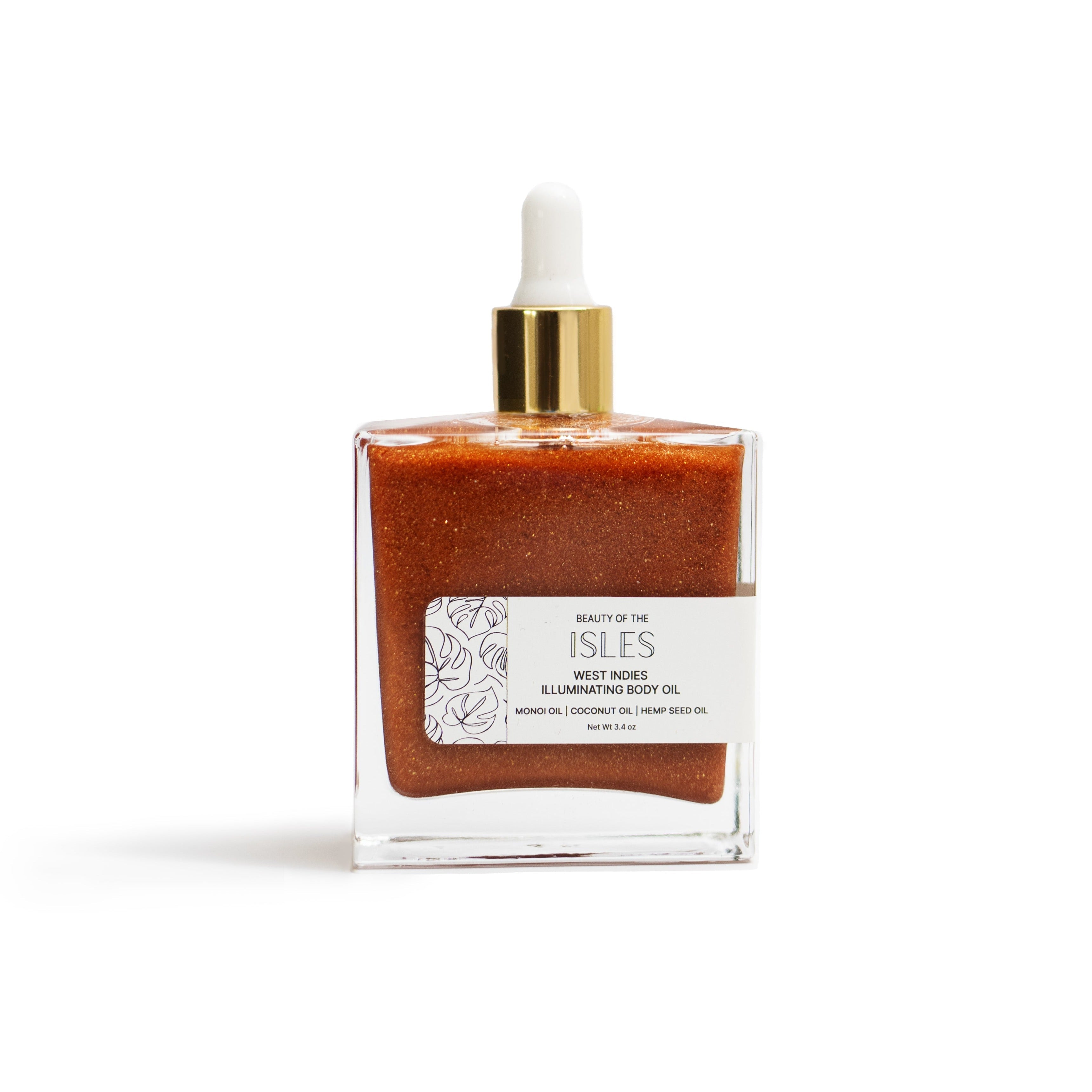Bottle of West Indies Illuminating Body Oil with nourishing plant oils and sun-kissed shimmer, providing a golden glow.
