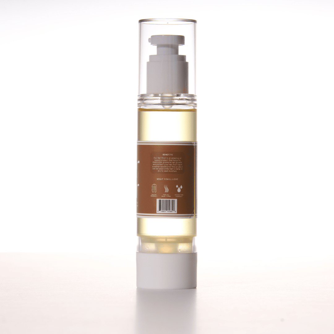 Dosso Beauty Hair Elixir bottle with natural oils, including Sunflower and Jojoba, in a BPA-free dispenser for healthy hair growth.