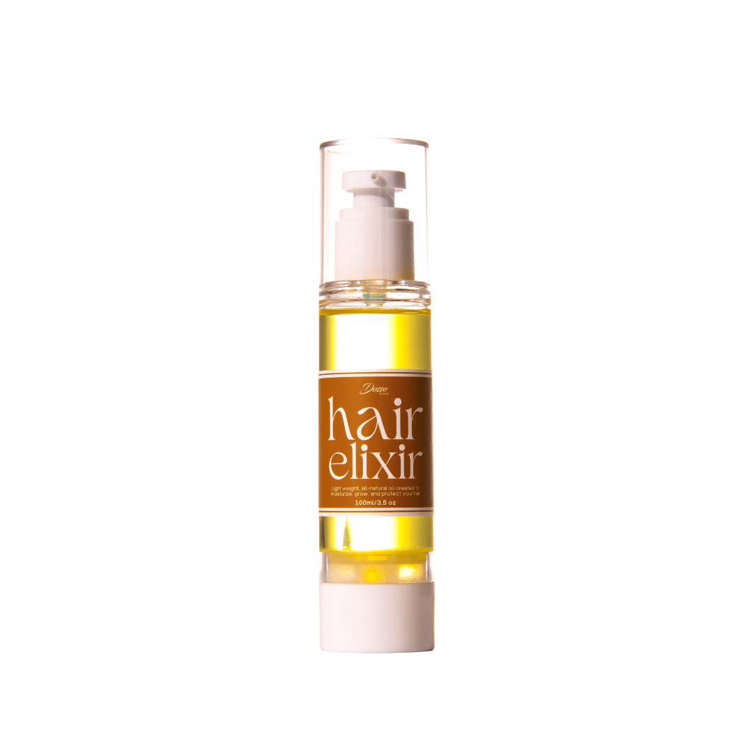 Dosso Beauty Hair Elixir bottle featuring nourishing natural oil blend with sunflower, jojoba, Jamaican black castor, and vitamin E.