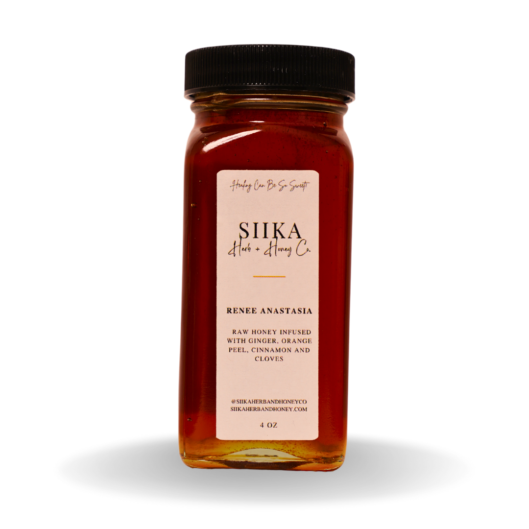 Orange Spice Honey by Renee Anastasia in a 4 oz jar, infused with ginger, orange peel, clove, and cinnamon for antioxidant-rich flavor.