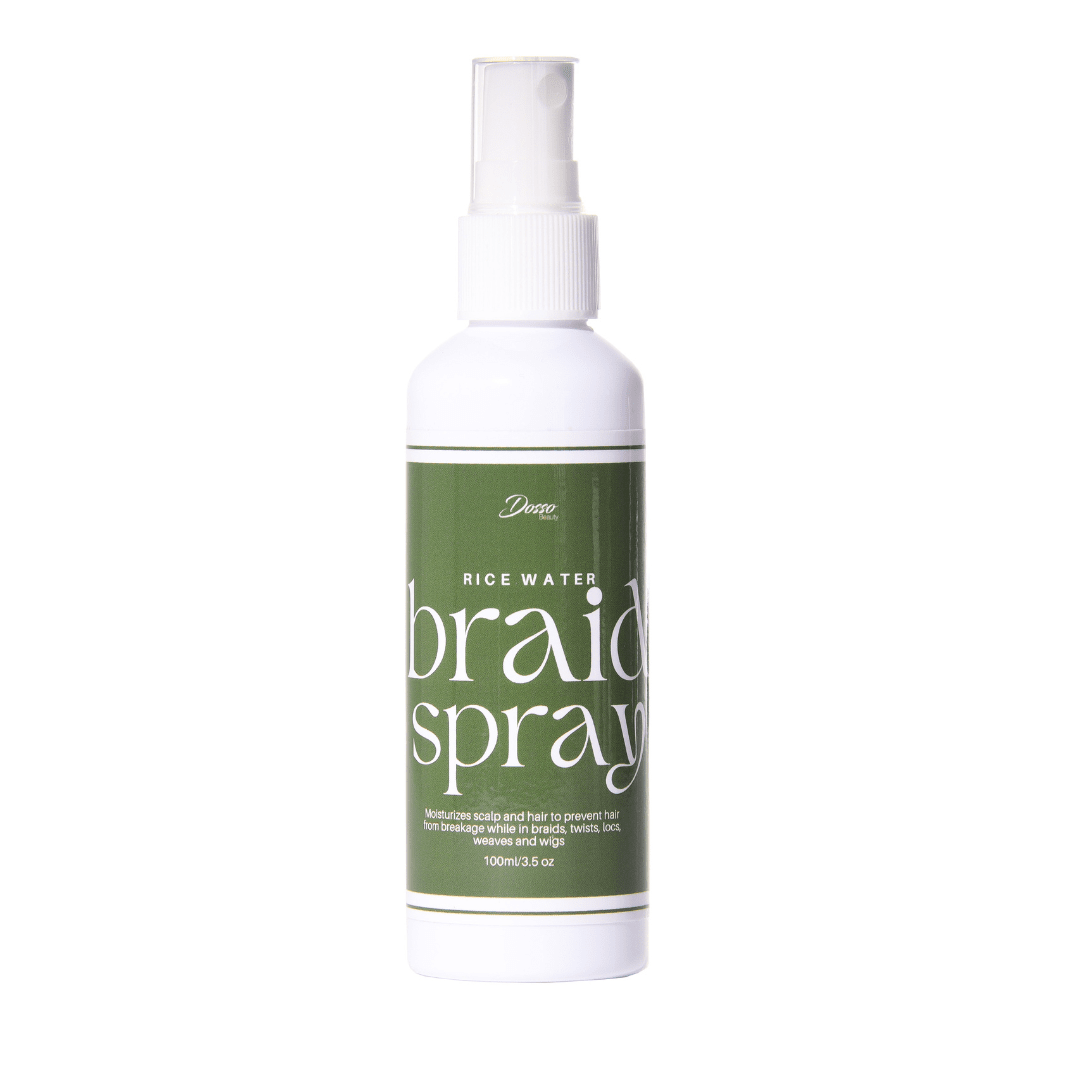 Rice Water Braid Spray bottle for strengthening and moisturizing braids, twists, and locs with amino acids and vitamins, 100ml size.