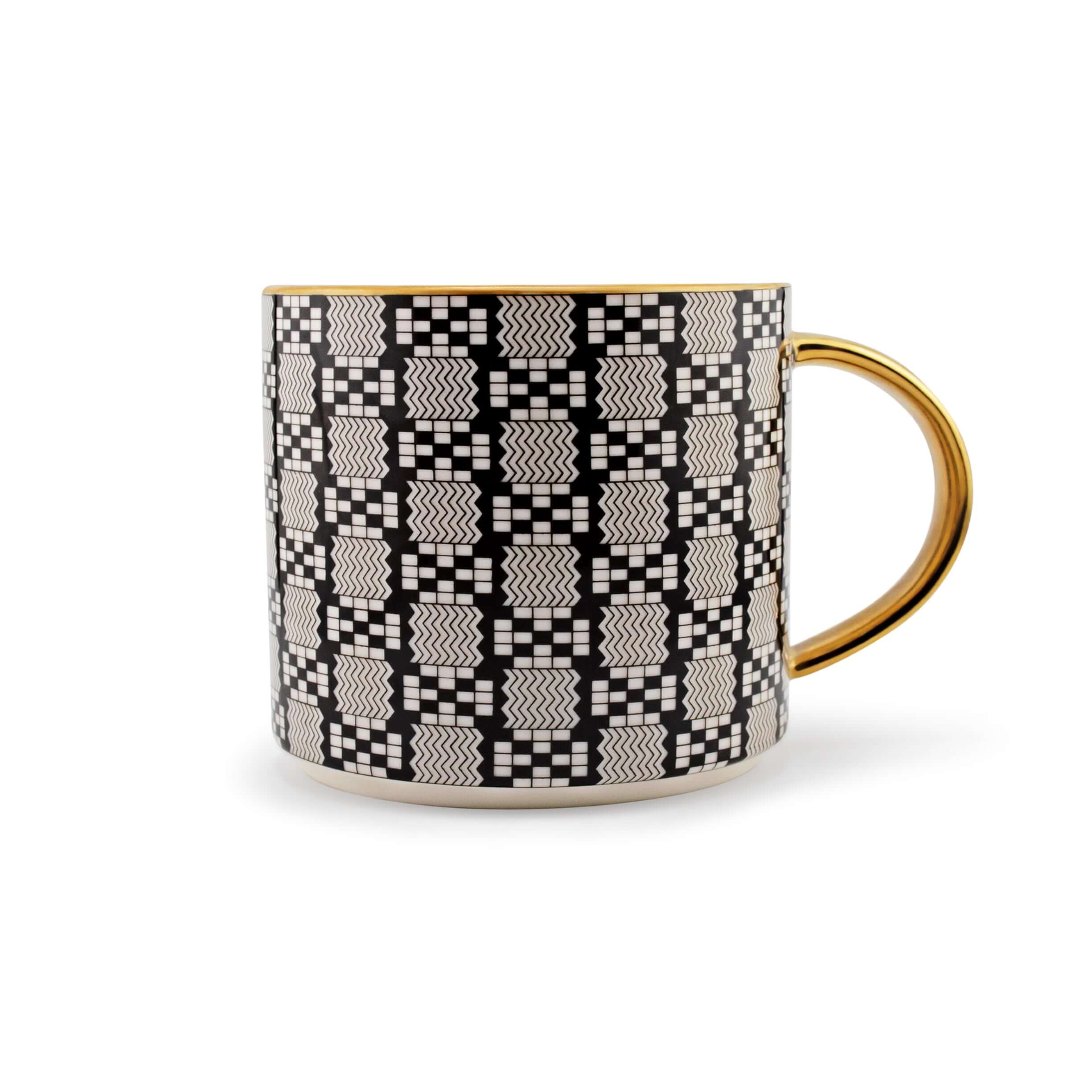 Ancestral Elegance 16 oz mug with black and white Kente patterns, gold rim, and handle, symbolizing spiritual strength and purity.