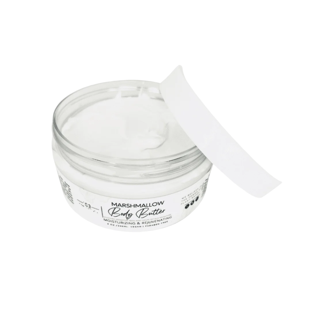 Vegan Marshmallow Body Butter open jar with rich moisturizing cream, hydrating solution for dry, sensitive, eczema-prone skin.