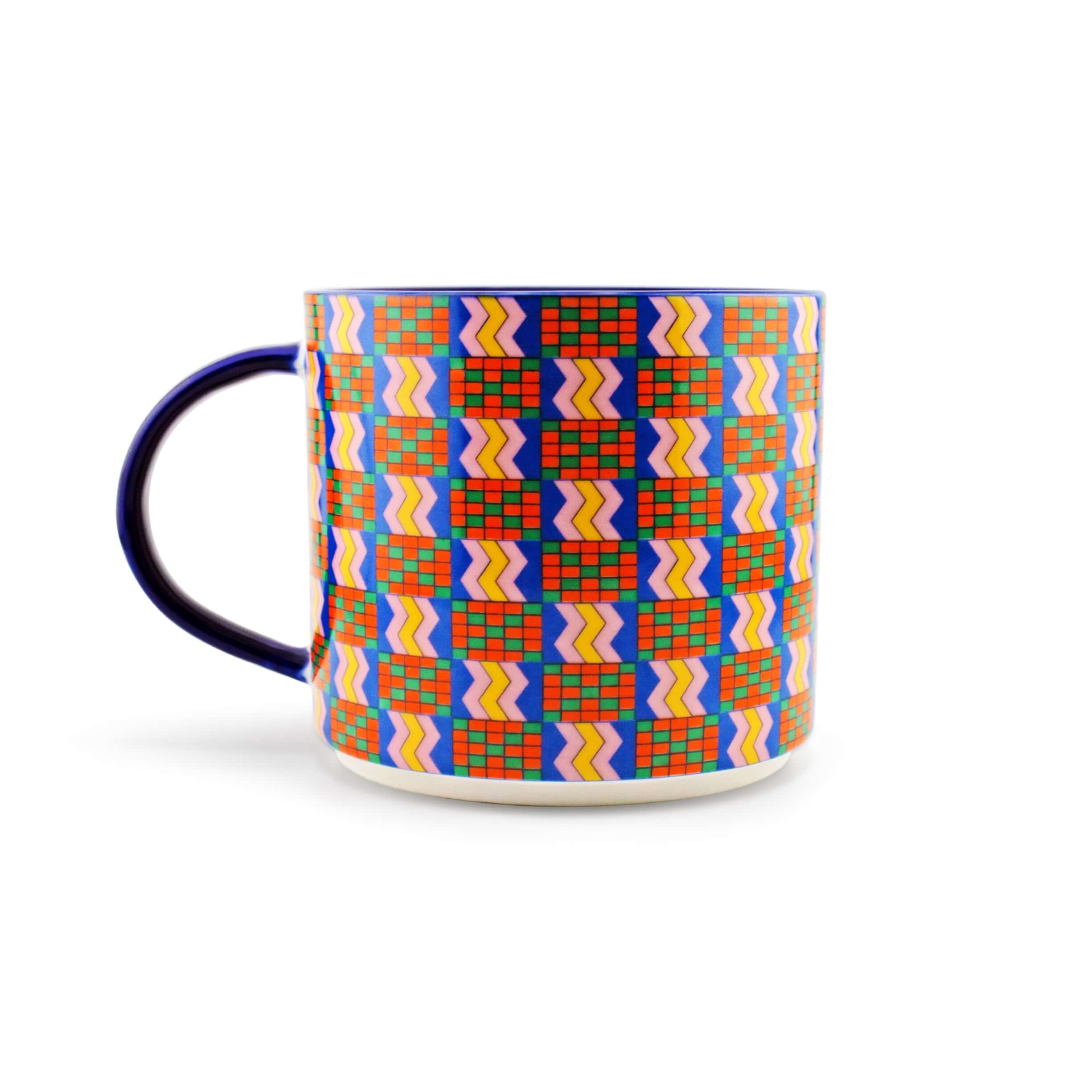 Colourful Prosperity mug showcasing Kente-inspired patterns in vibrant hues on 100% vegan New Bone China.