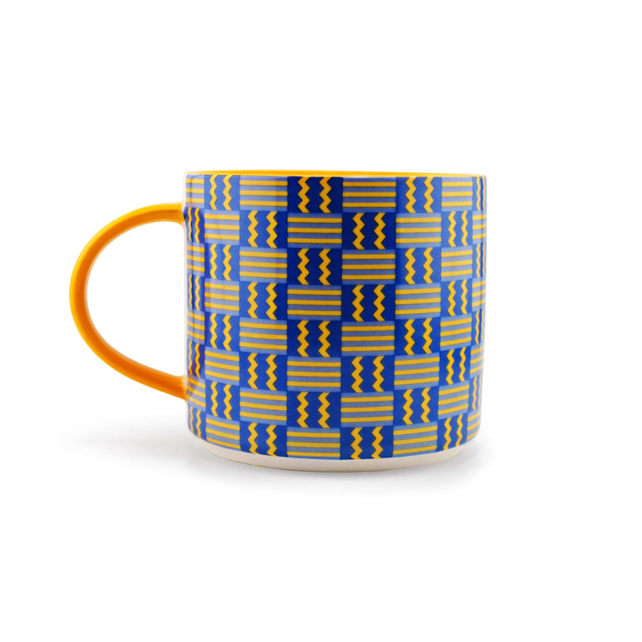 Bold Kente-inspired mug showcasing blue and yellow patterns, celebrating culture and prosperity.