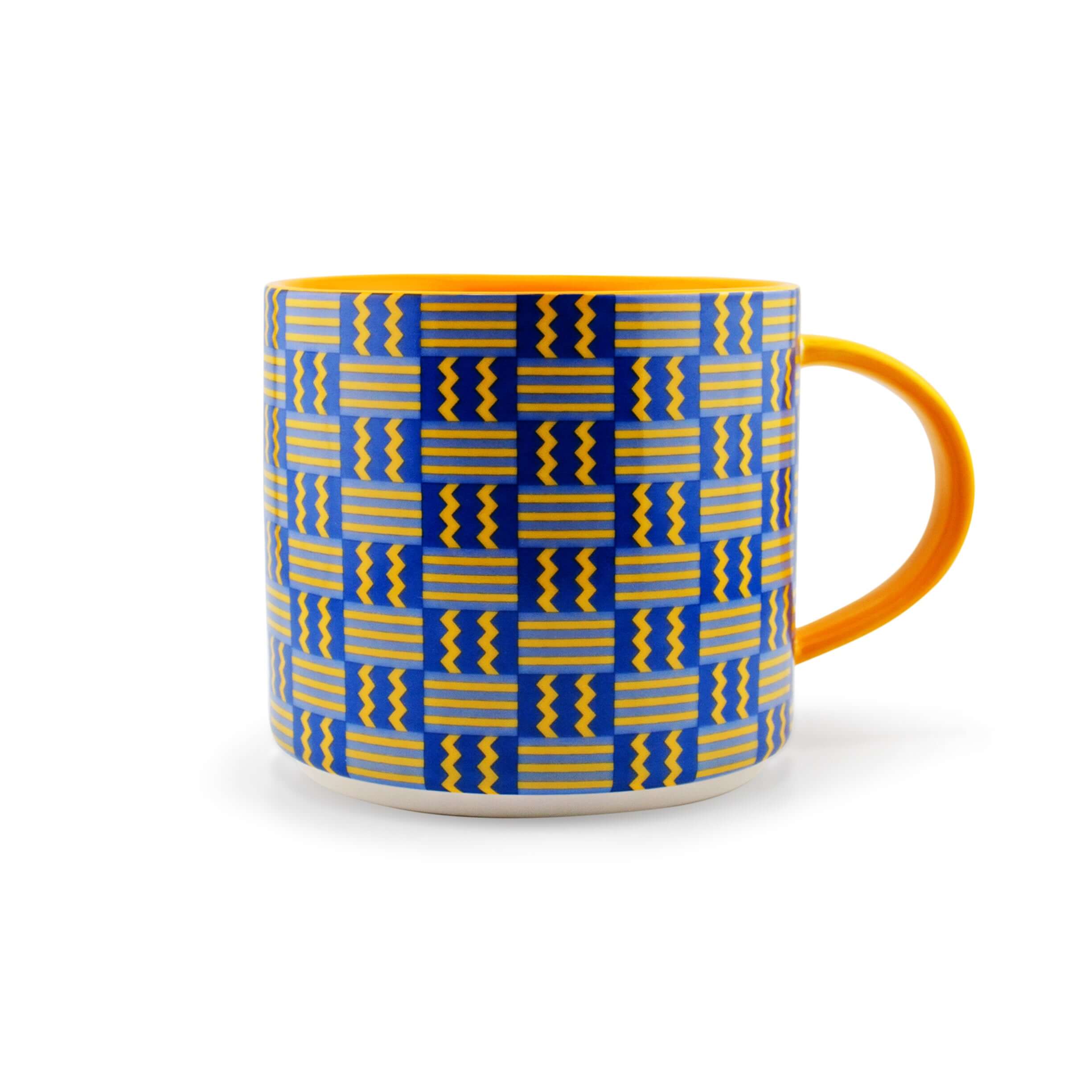 Kente-inspired mug featuring yellow and blue patterns, crafted from vegan New Bone China, 16 oz capacity.