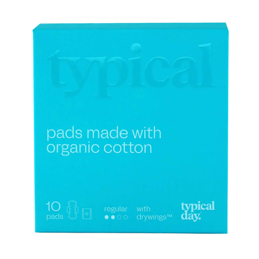 Turquoise box of organic cotton period pads for heavy flow, hypoallergenic and chlorine-free