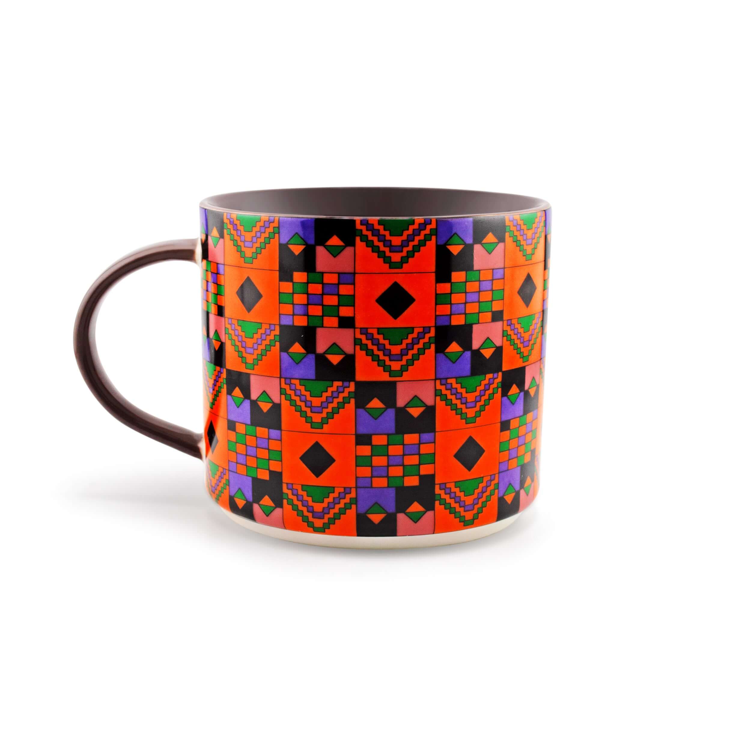 Vibrant Kente-inspired mug featuring bold orange and geometric patterns, symbolizing heritage and prosperity.