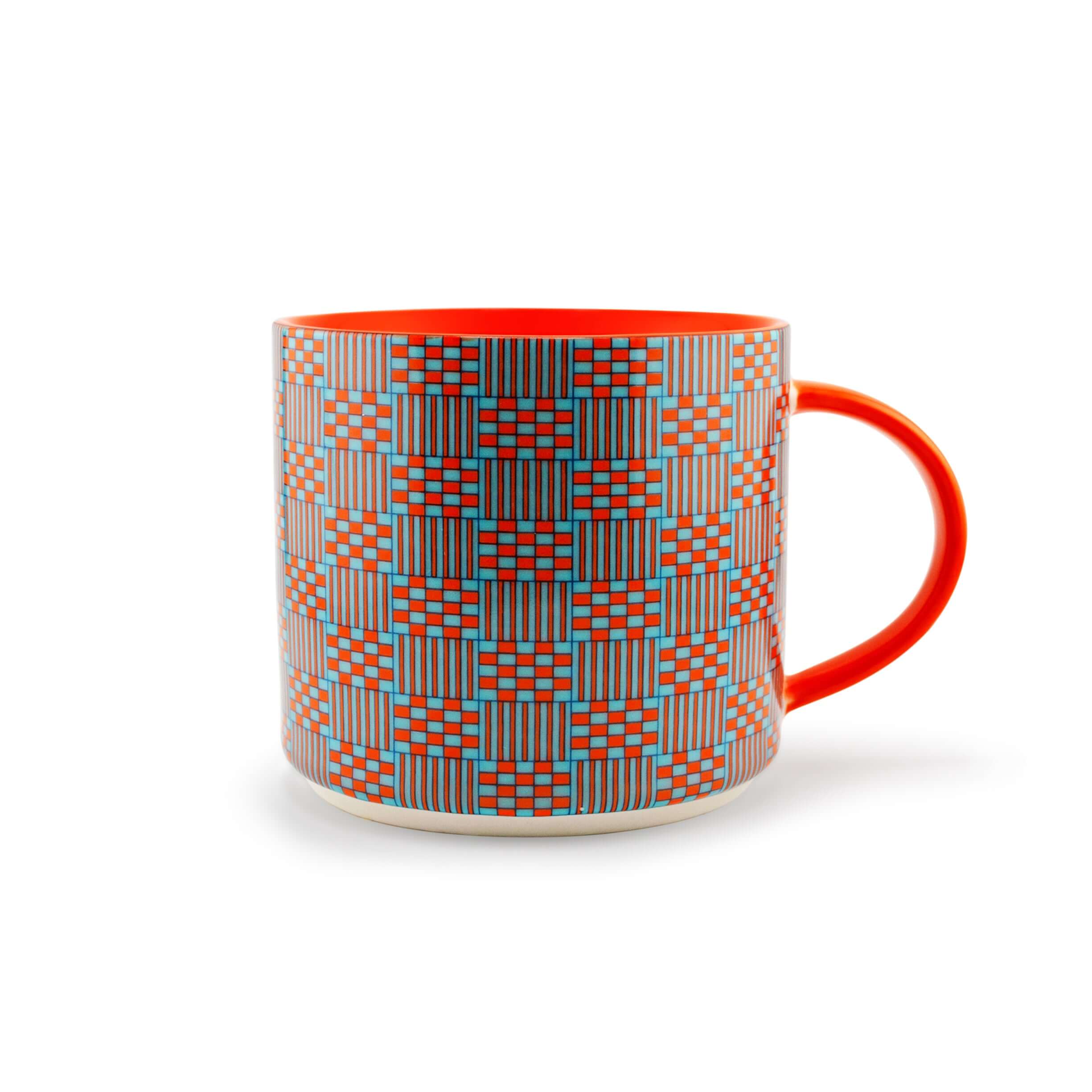 Vibrant orange and turquoise mug from the Kentemania Collection, featuring a unique woven pattern, microwave and dishwasher safe.