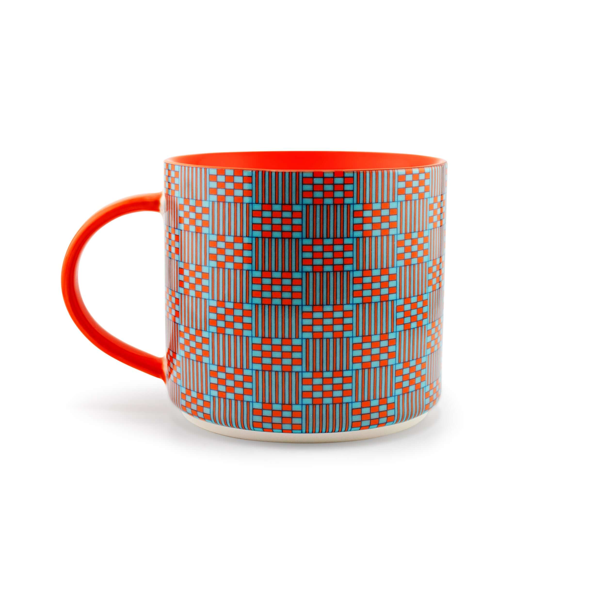Orange Oasis mug from the Kentemania Collection, featuring vibrant orange and turquoise geometric design.