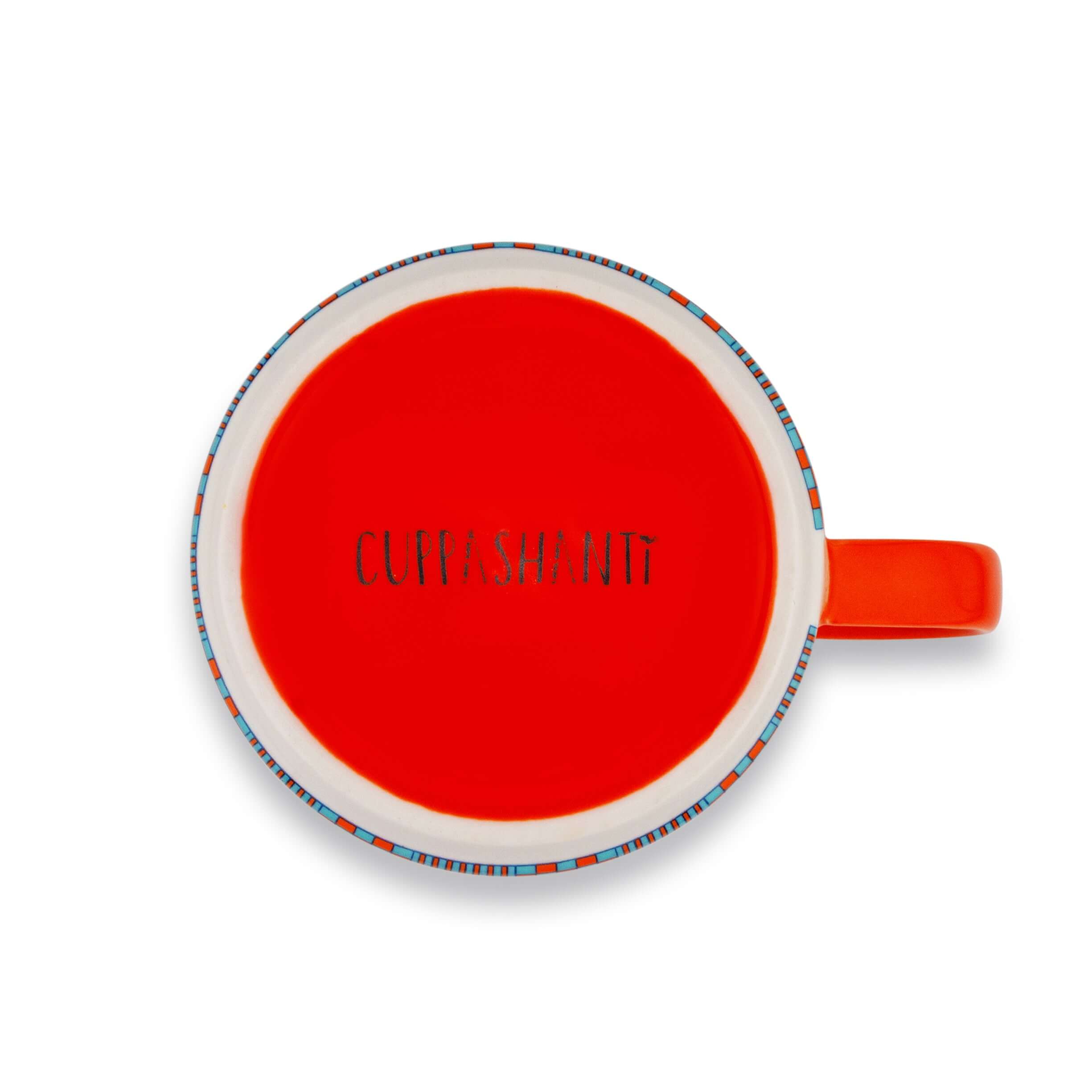 Top view of vibrant orange mug from Kentemania Collection with the word 'Cuppashanti' inside.