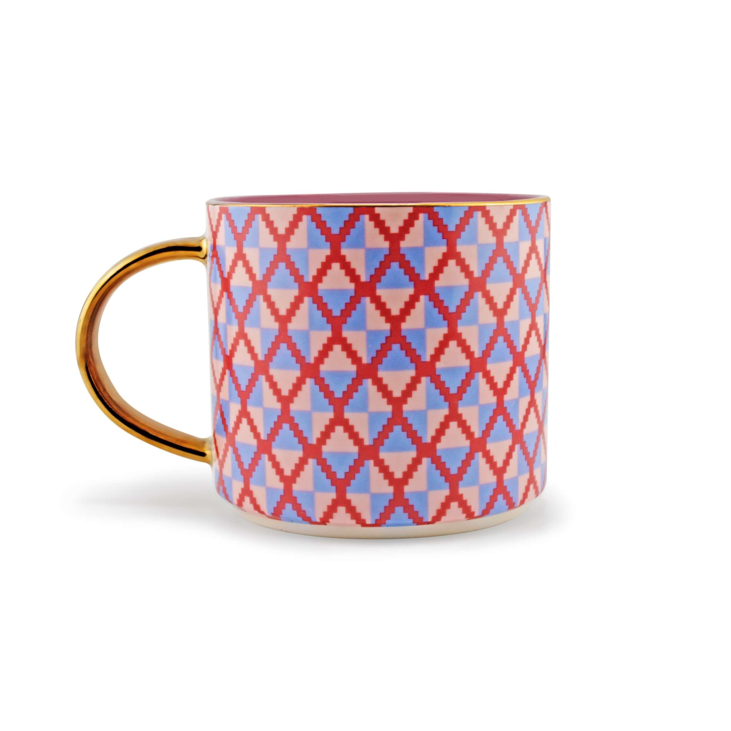 Kente-inspired Pink Majesty mug with gold rim and handle, symbolizing femininity and opulence in vibrant colors.