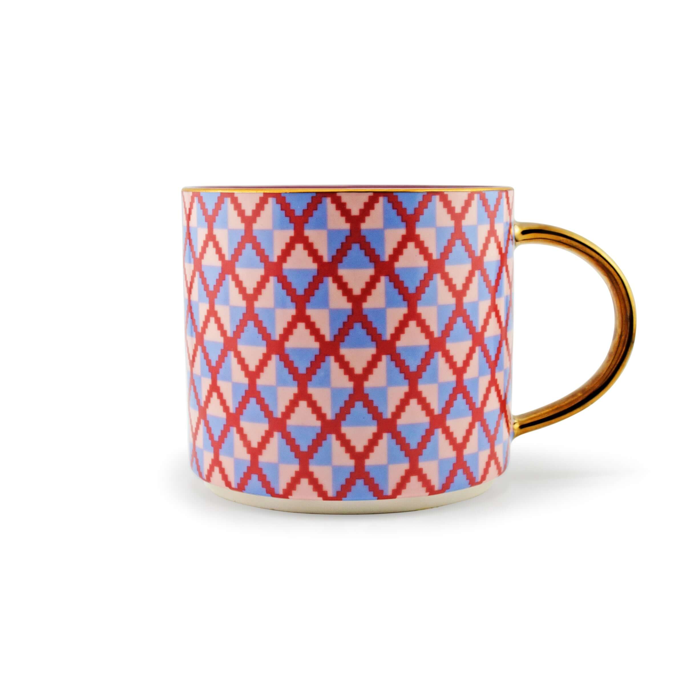 Kente-inspired Pink Majesty mug with gold rim and handle, symbolizing femininity and opulence with vibrant design.