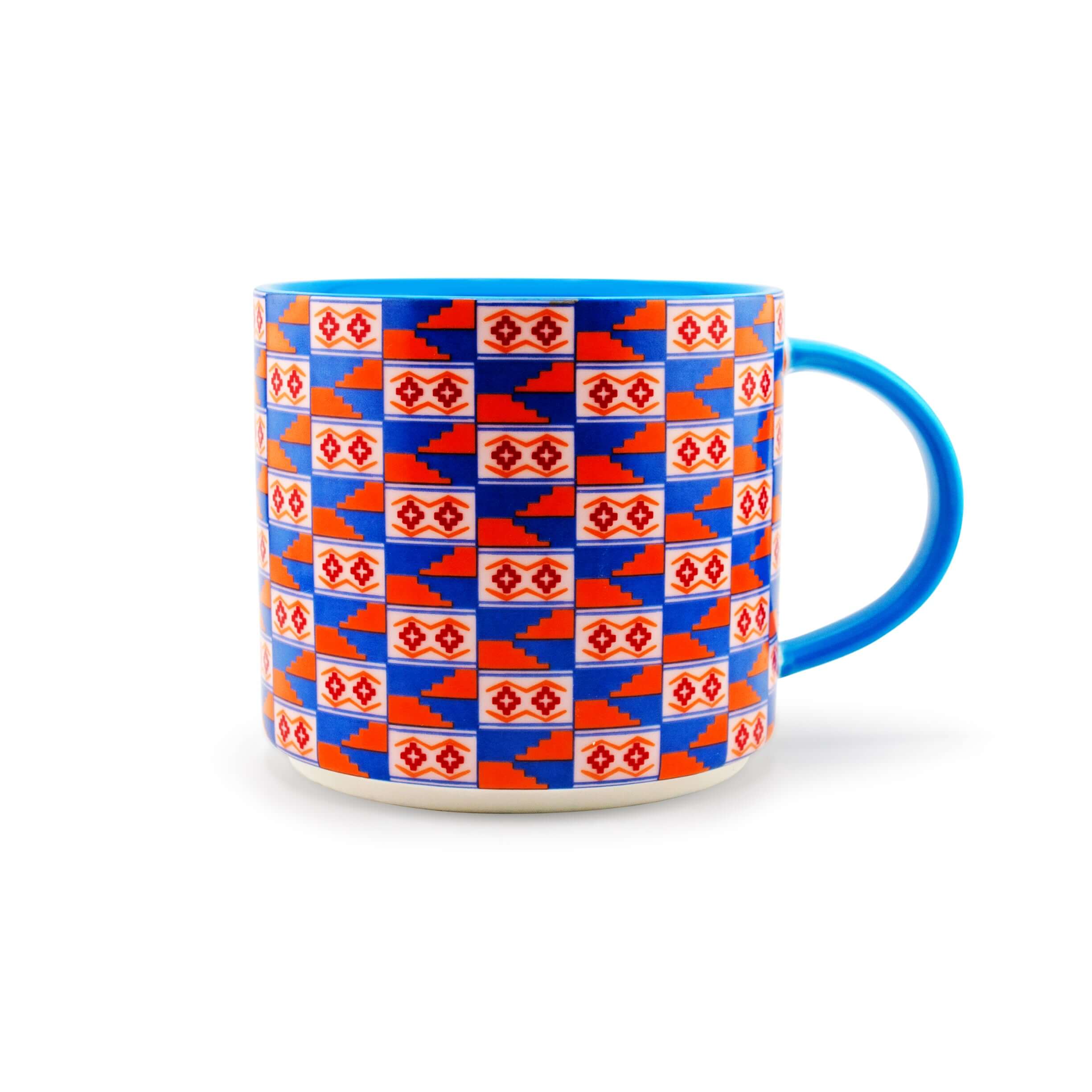 Kente-inspired colorful mug in blue, red, and white featuring symbols of growth and wealth.