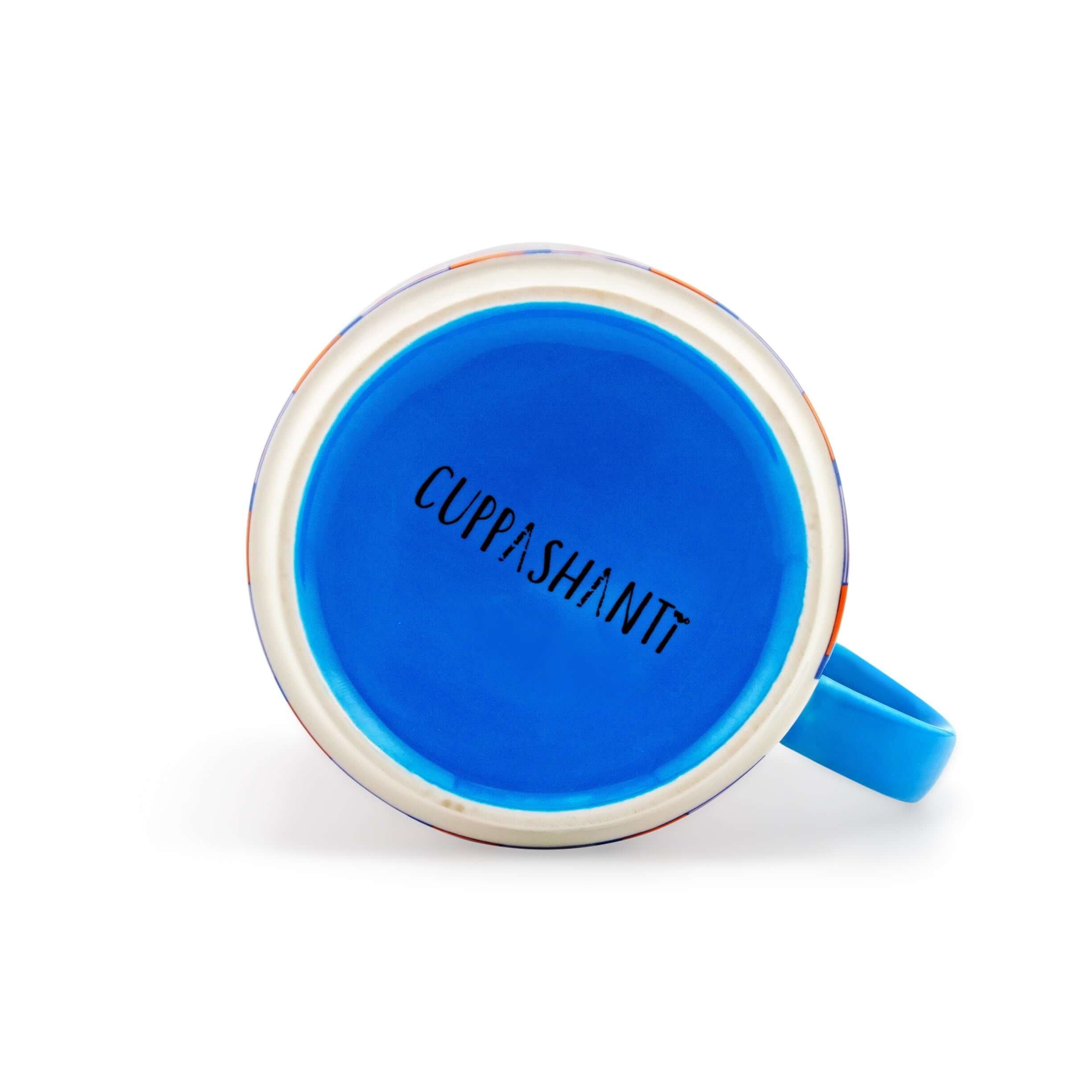 Bottom view of the Shared Opulence Mug showcasing a vibrant blue base with 'Cuppashant' inscription.