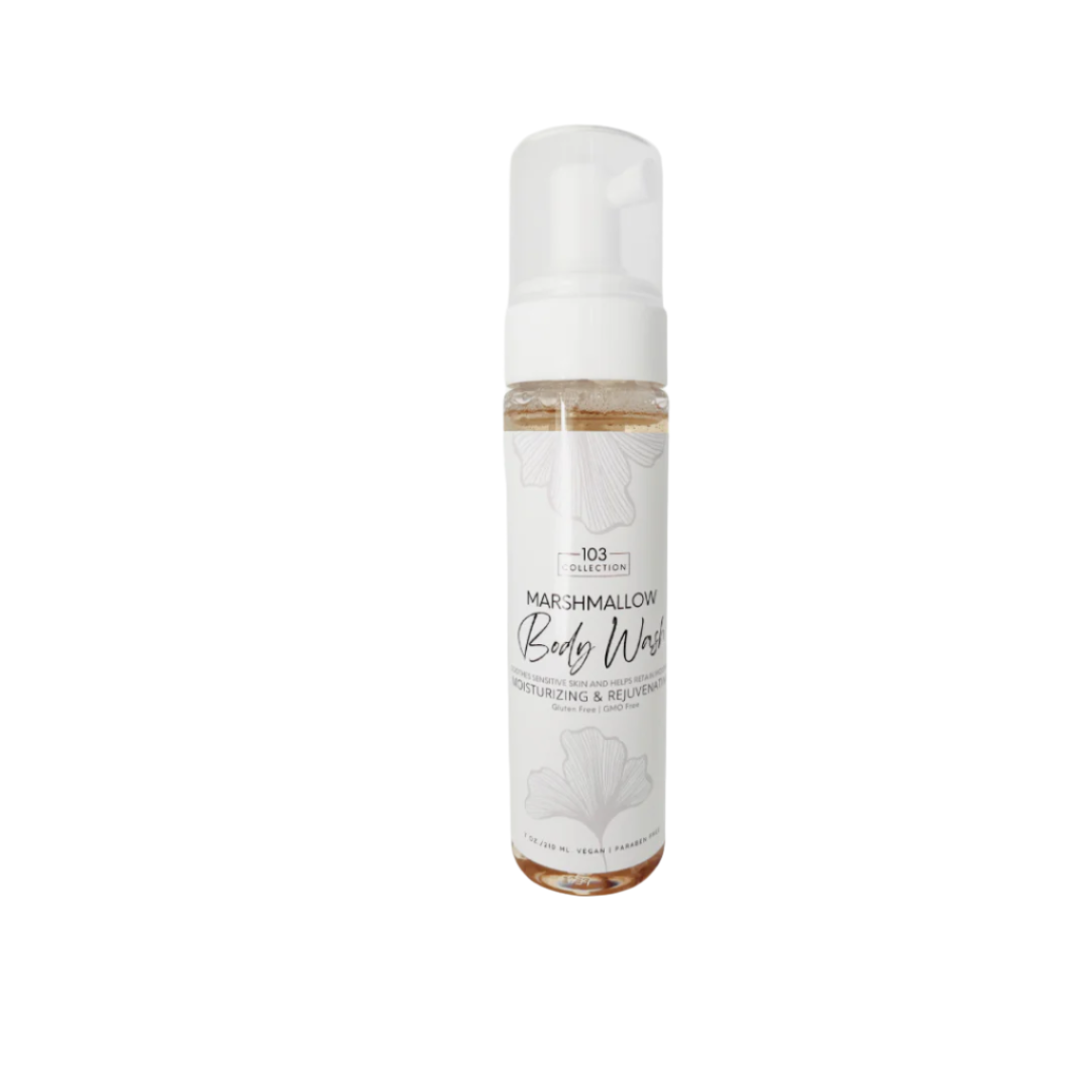Vegan Marshmallow Body Wash bottle with calming and moisturizing benefits for sensitive skin, enriched with coconut oil and marshmallow root.